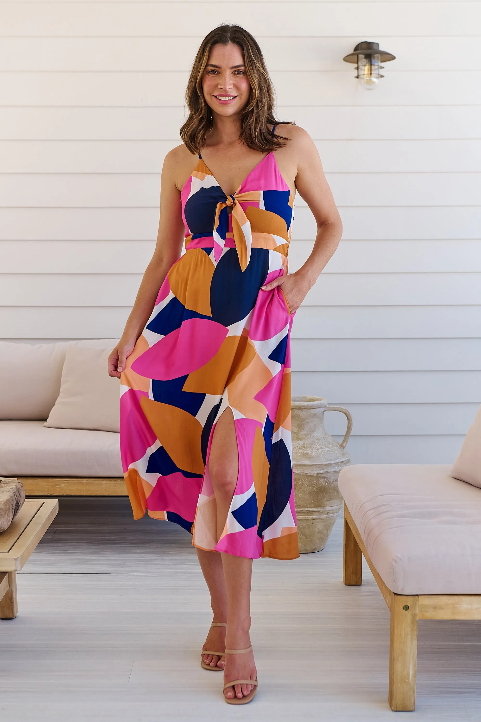 Presley Pink/Mustard/Navy Print Singlet Tie Front Dress