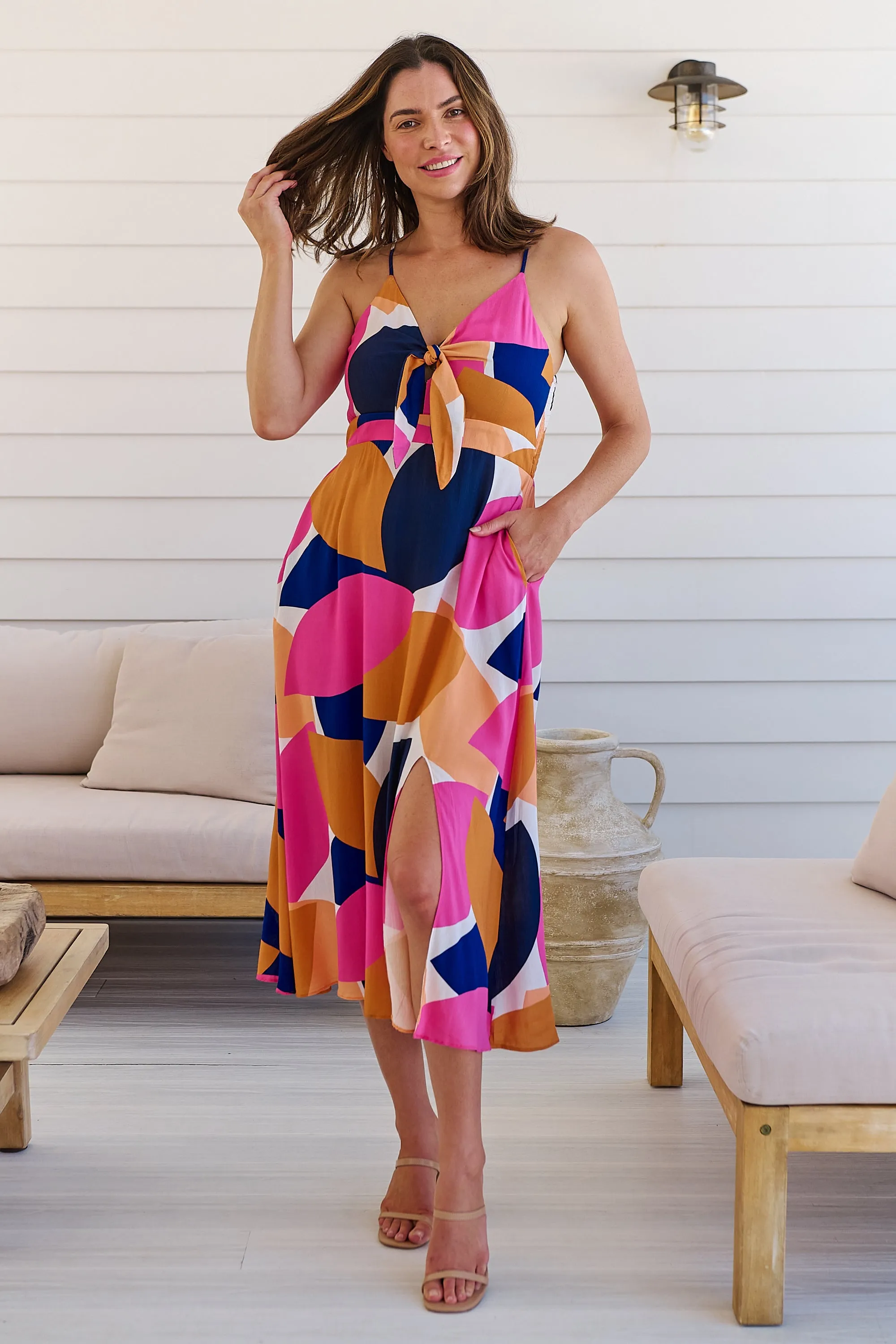 Presley Pink/Mustard/Navy Print Singlet Tie Front Dress