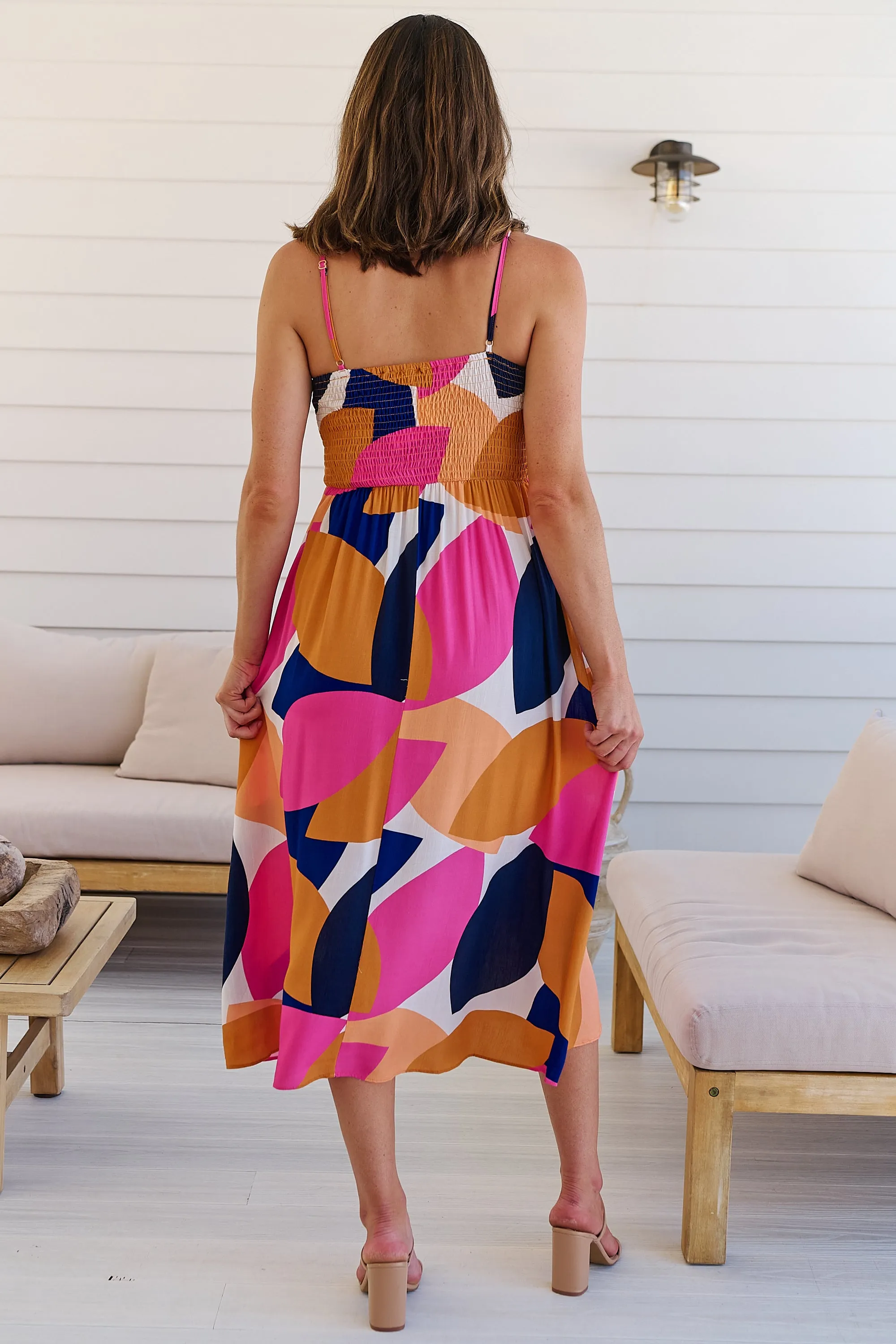 Presley Pink/Mustard/Navy Print Singlet Tie Front Dress