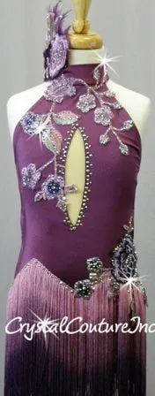 Purple Leotard with Ombre Fringe Skirt and Appliques - Swarovski Rhinestones