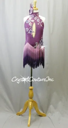Purple Leotard with Ombre Fringe Skirt and Appliques - Swarovski Rhinestones