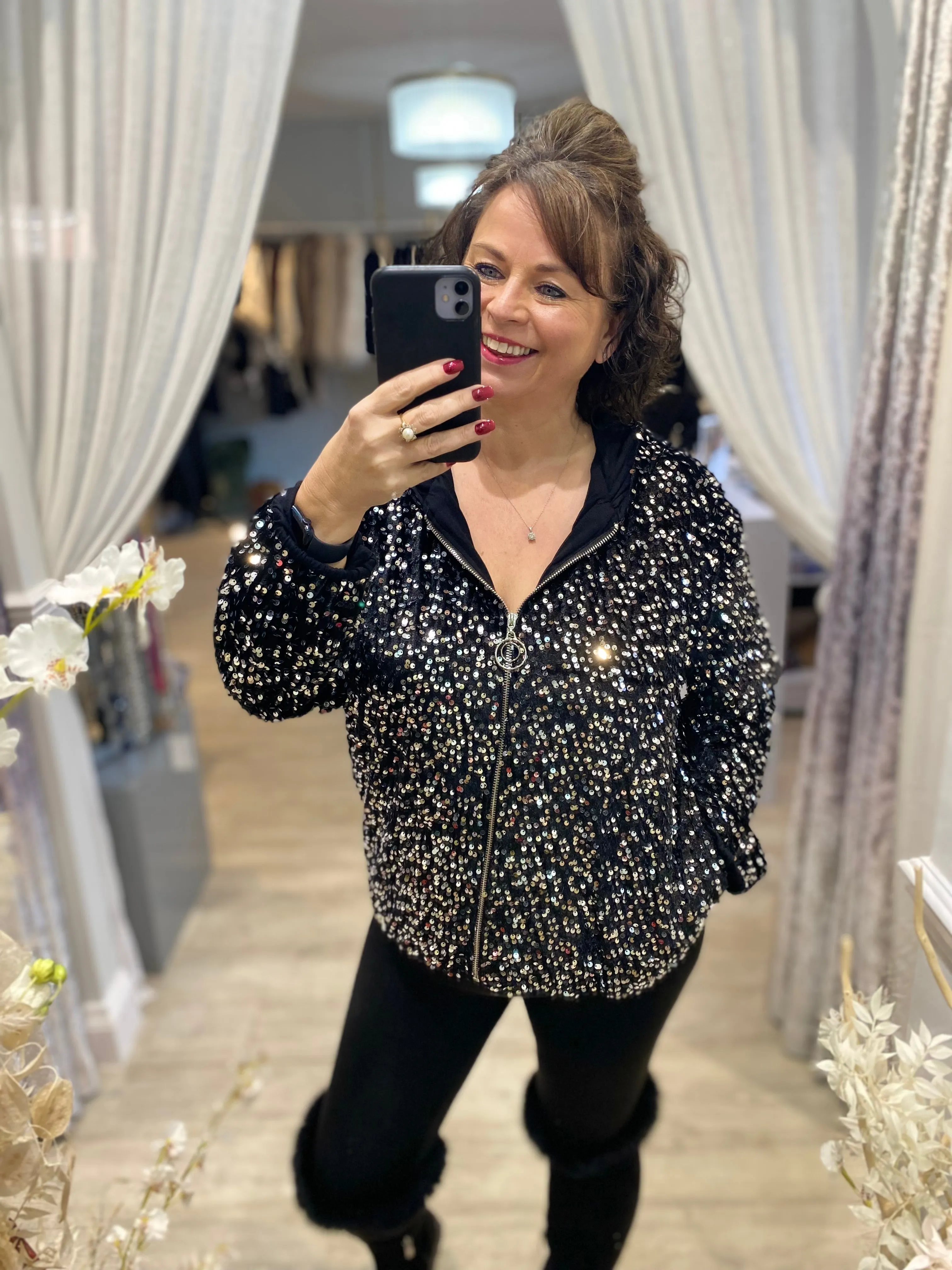 Sequin Hooded Bomber Jacket