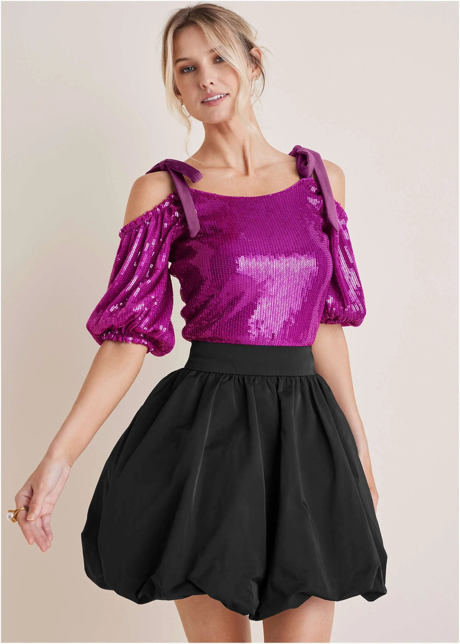 Sequin Velvet Bow Top  - Cattleya Orchid