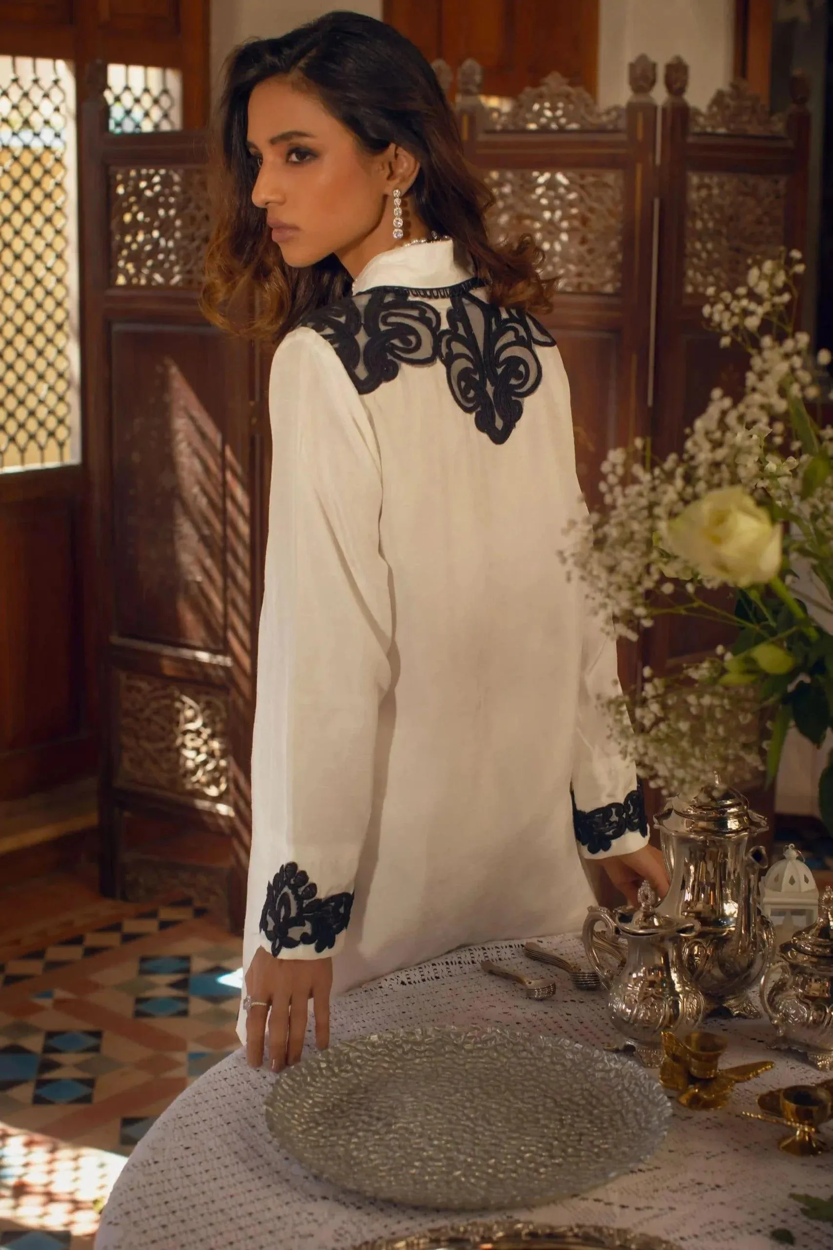 Shehrnaz - Off-White Tunic With Black Embroidery Paired With Matching Azaar – SHK-1089 - 2 Piece