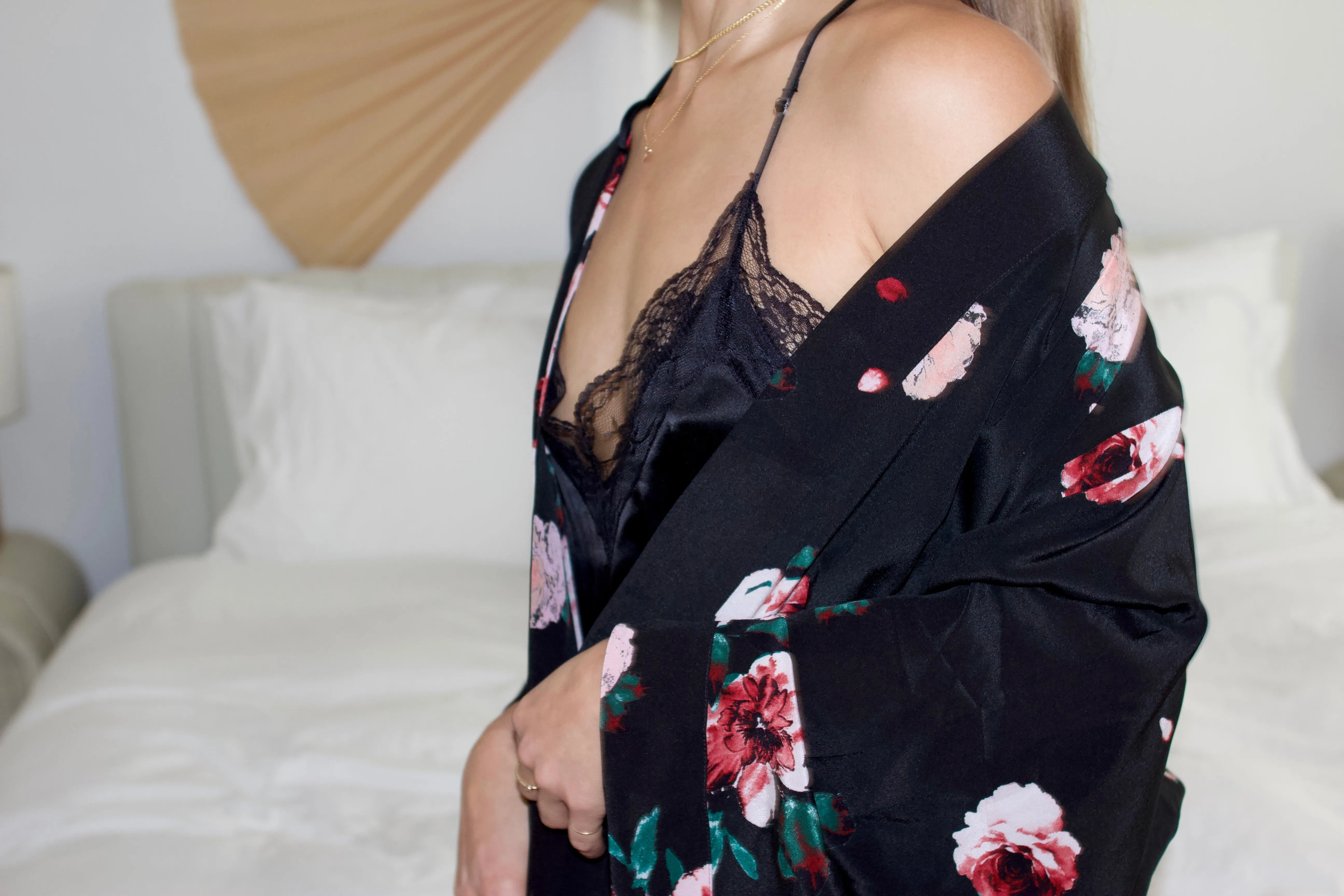 Silk Charmeuse Long Robe: Black Rose Print