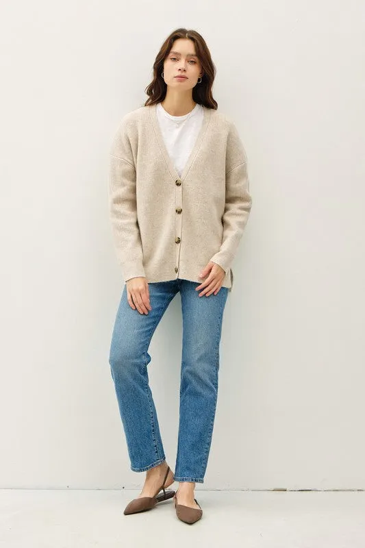 Skylar Long Sleeve Button Down Ribbed Cardigan Beige