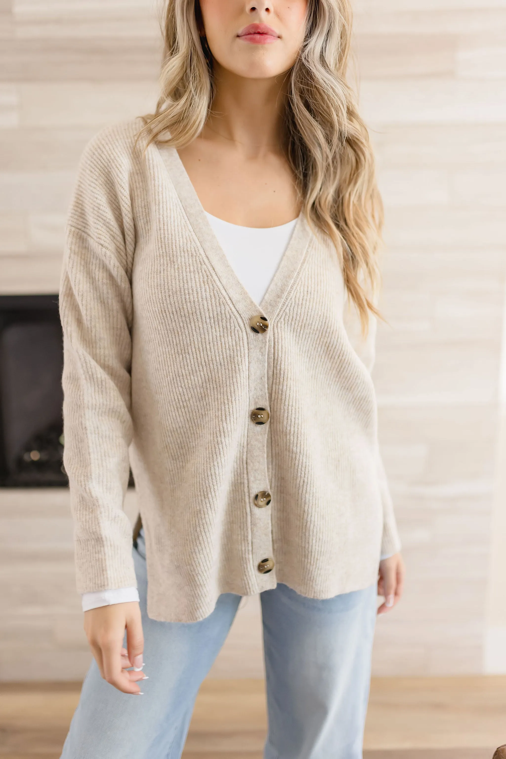 Skylar Long Sleeve Button Down Ribbed Cardigan Beige