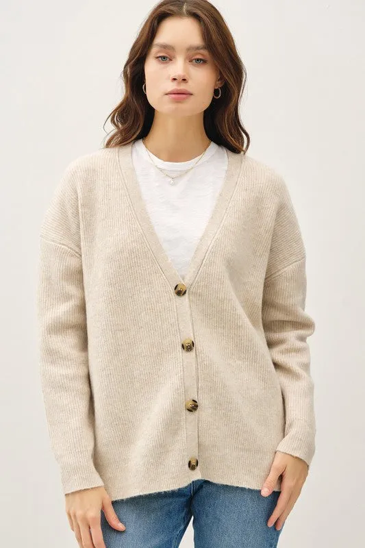 Skylar Long Sleeve Button Down Ribbed Cardigan Beige