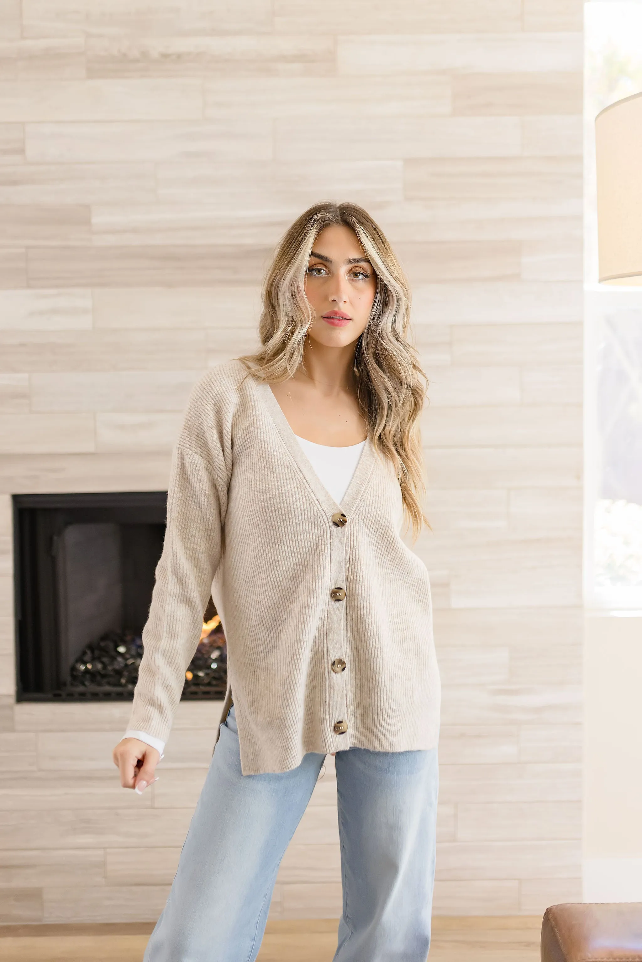 Skylar Long Sleeve Button Down Ribbed Cardigan Beige