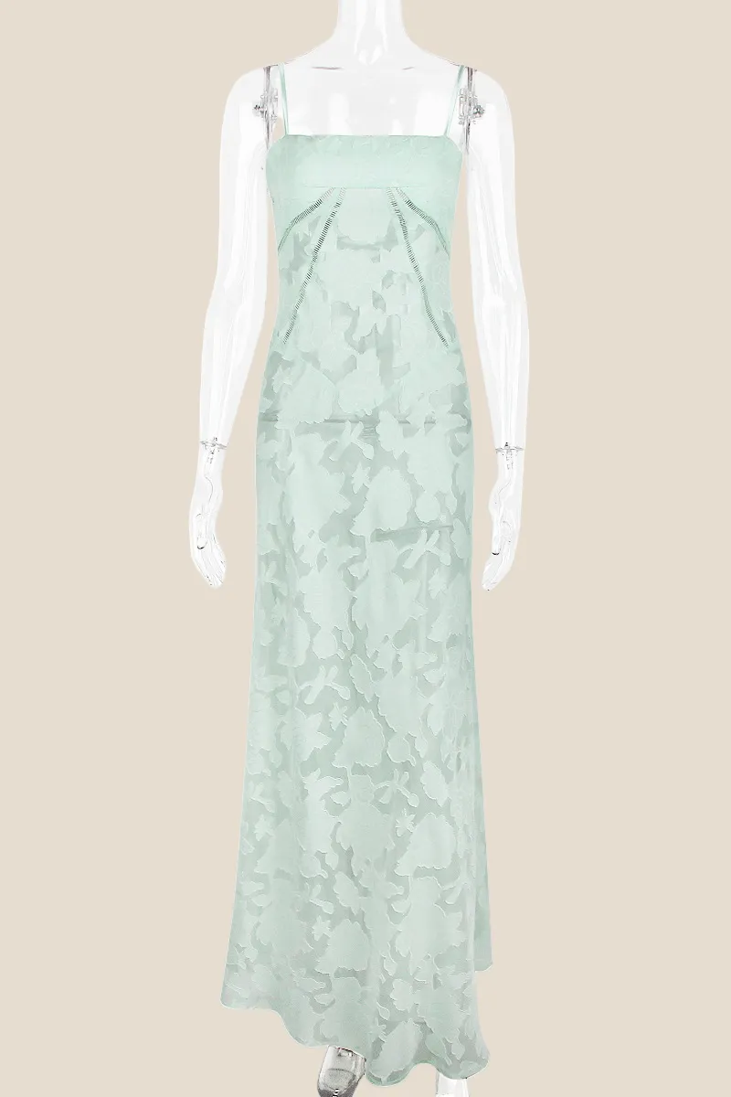 Spaghetti Straps Green Lace A-line Long Dress