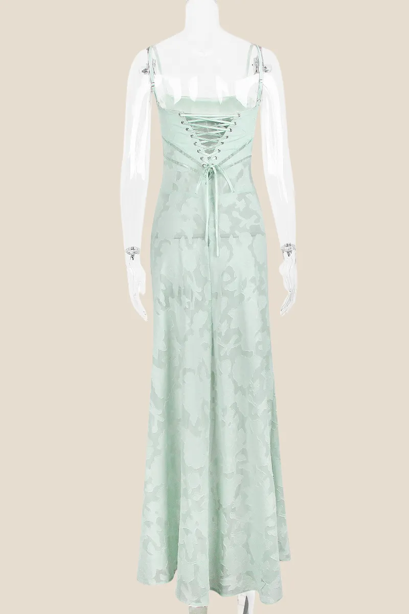 Spaghetti Straps Green Lace A-line Long Dress