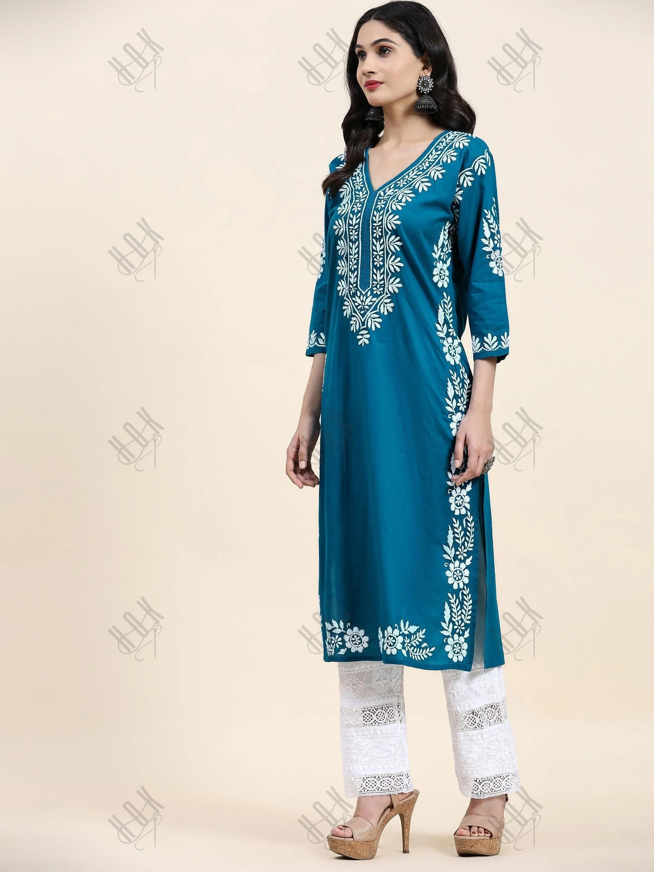 Sukriti in Charming Chikankari Long Cotton Kurta for Women - Turquoise Blue