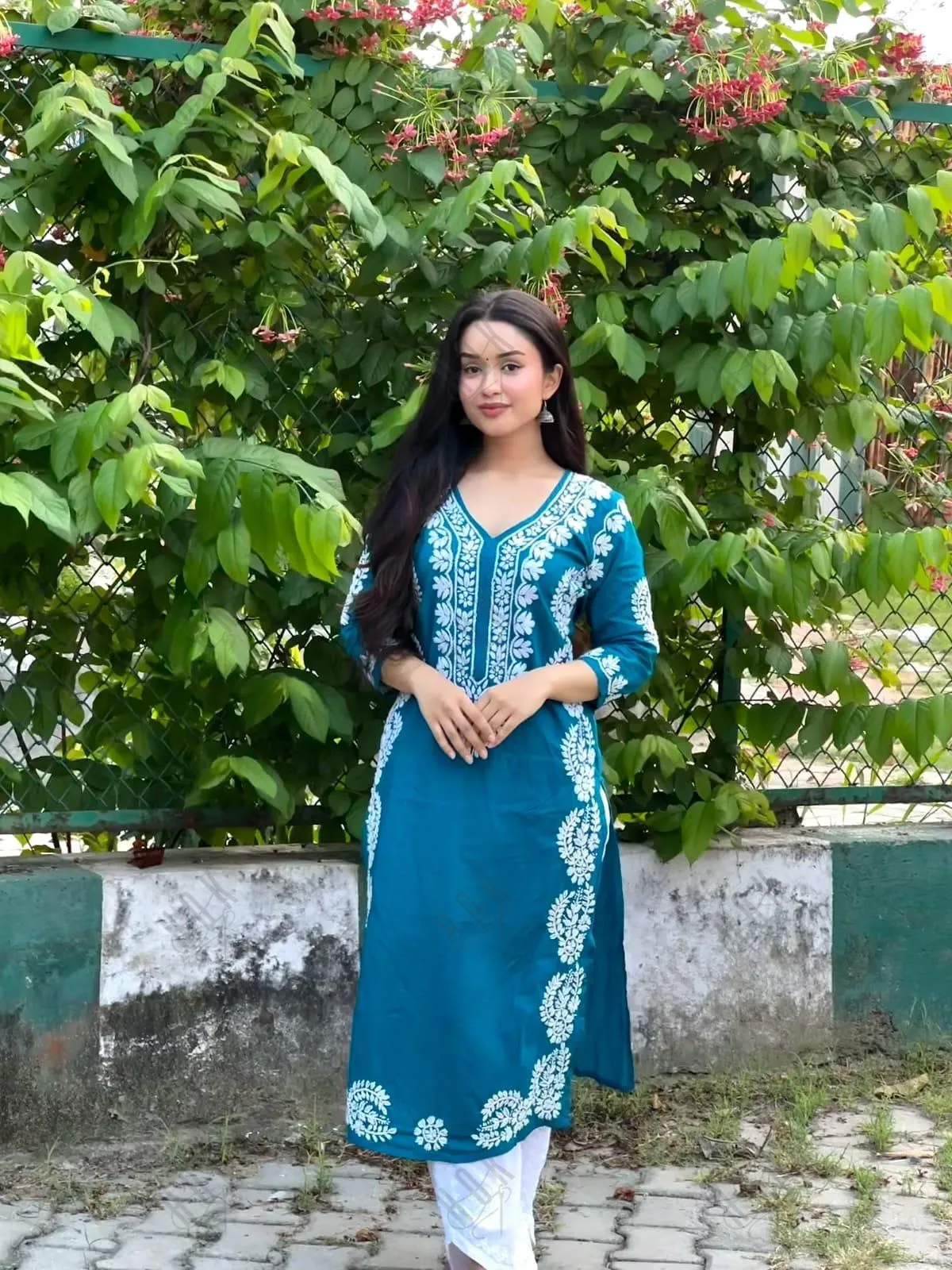 Sukriti in Charming Chikankari Long Cotton Kurta for Women - Turquoise Blue