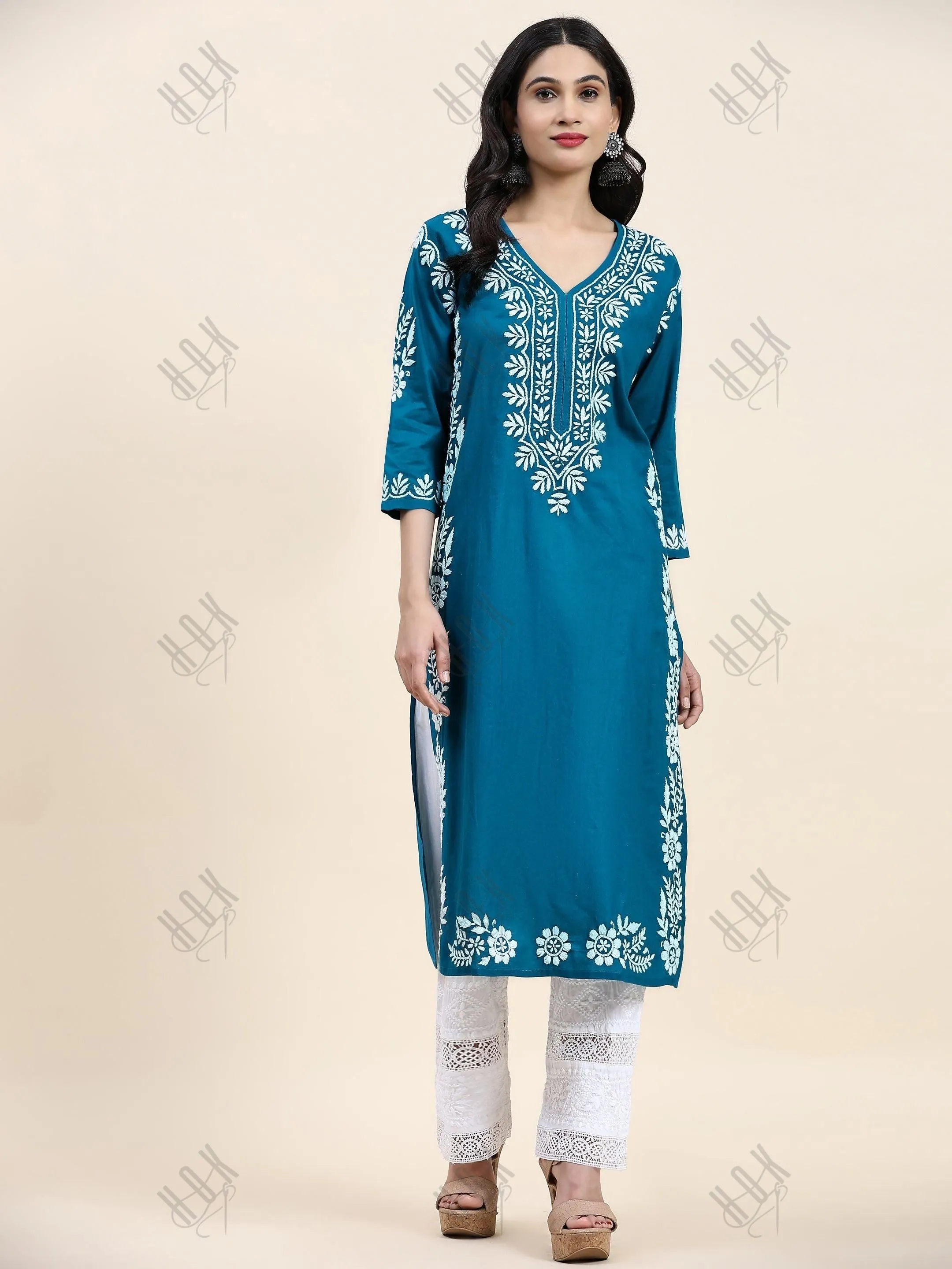 Sukriti in Charming Chikankari Long Cotton Kurta for Women - Turquoise Blue