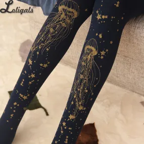 Sweet Jellyfish Printed Lolita Pantyhose Mori Girl Blue / Black Patterned Tights