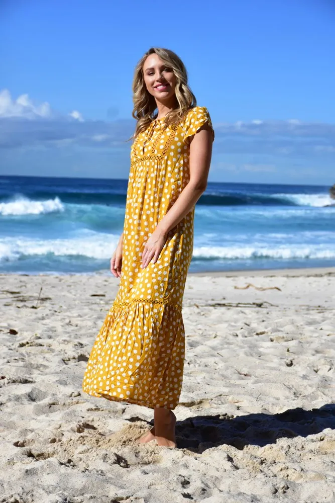 Tequila Sunrise Printed Maxi Dress Mustard