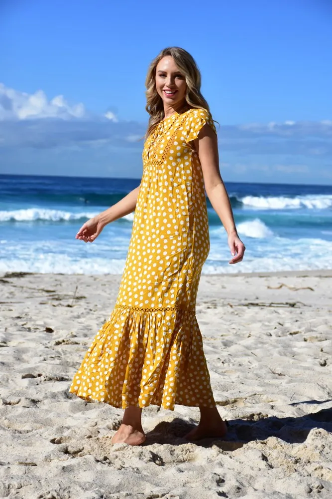 Tequila Sunrise Printed Maxi Dress Mustard