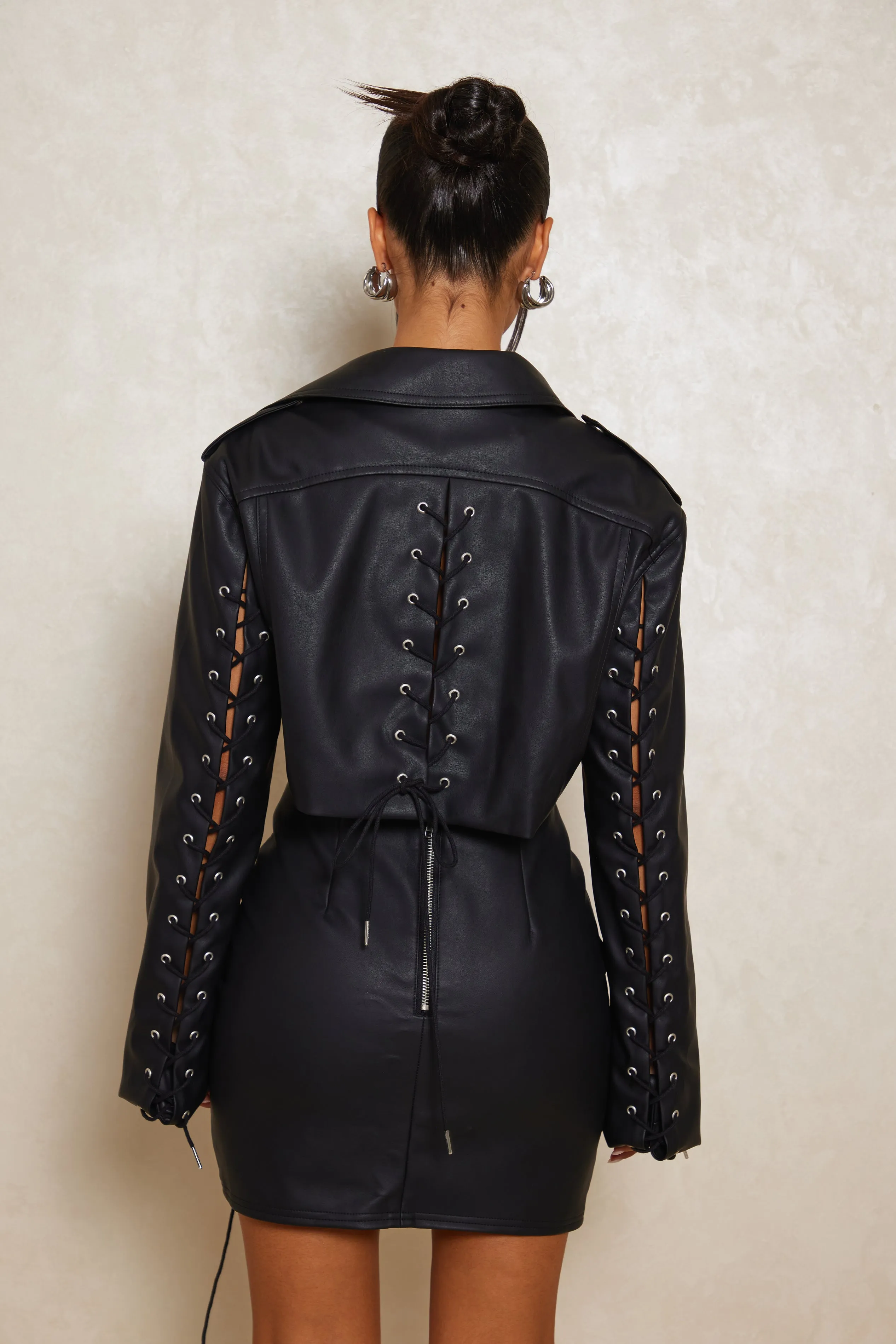 The Leather Lace Up Biker Jacket - Black