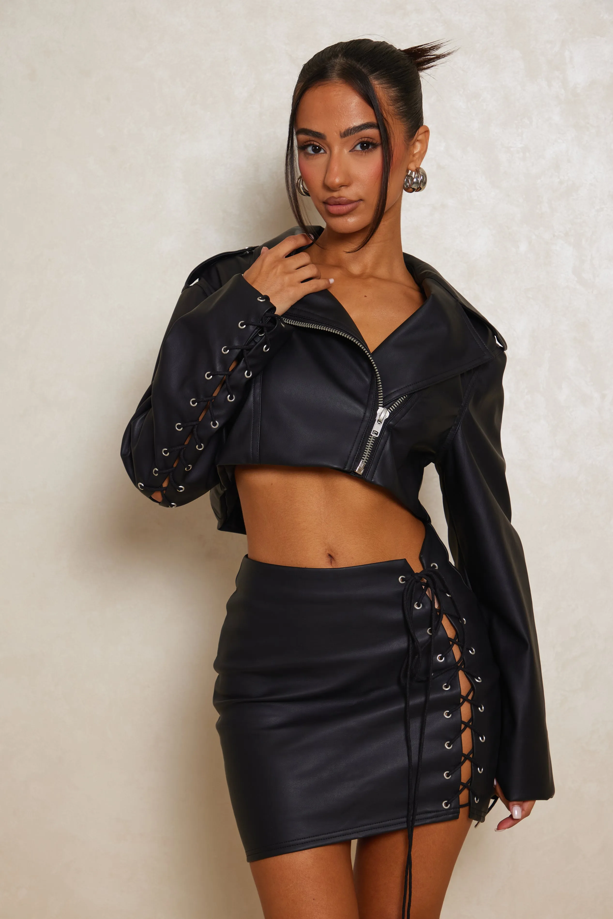 The Leather Lace Up Biker Jacket - Black