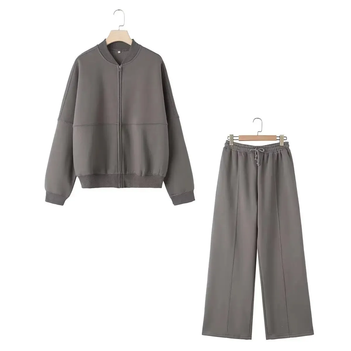 TRAFZA Women's 2-piece Retro Solid Color Zipper Bomber Jacket Sweatshirt   High-waisted Lace-up Women's Loose Velvet Pants Suit