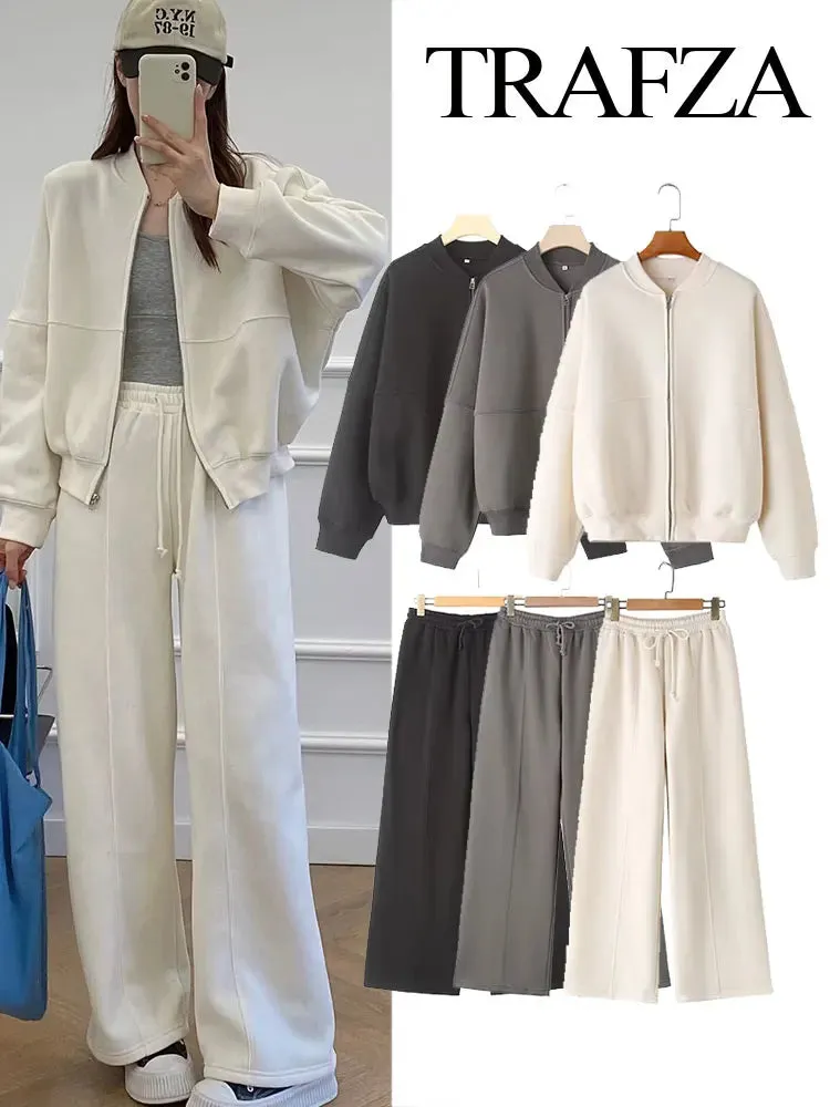 TRAFZA Women's 2-piece Retro Solid Color Zipper Bomber Jacket Sweatshirt   High-waisted Lace-up Women's Loose Velvet Pants Suit