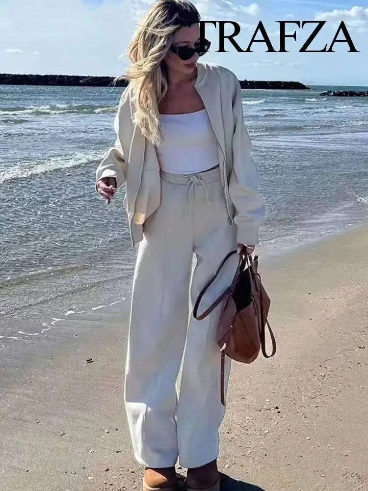 TRAFZA Women's 2-piece Retro Solid Color Zipper Bomber Jacket Sweatshirt   High-waisted Lace-up Women's Loose Velvet Pants Suit