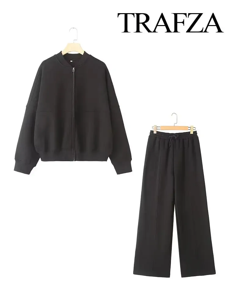 TRAFZA Women's 2-piece Retro Solid Color Zipper Bomber Jacket Sweatshirt   High-waisted Lace-up Women's Loose Velvet Pants Suit