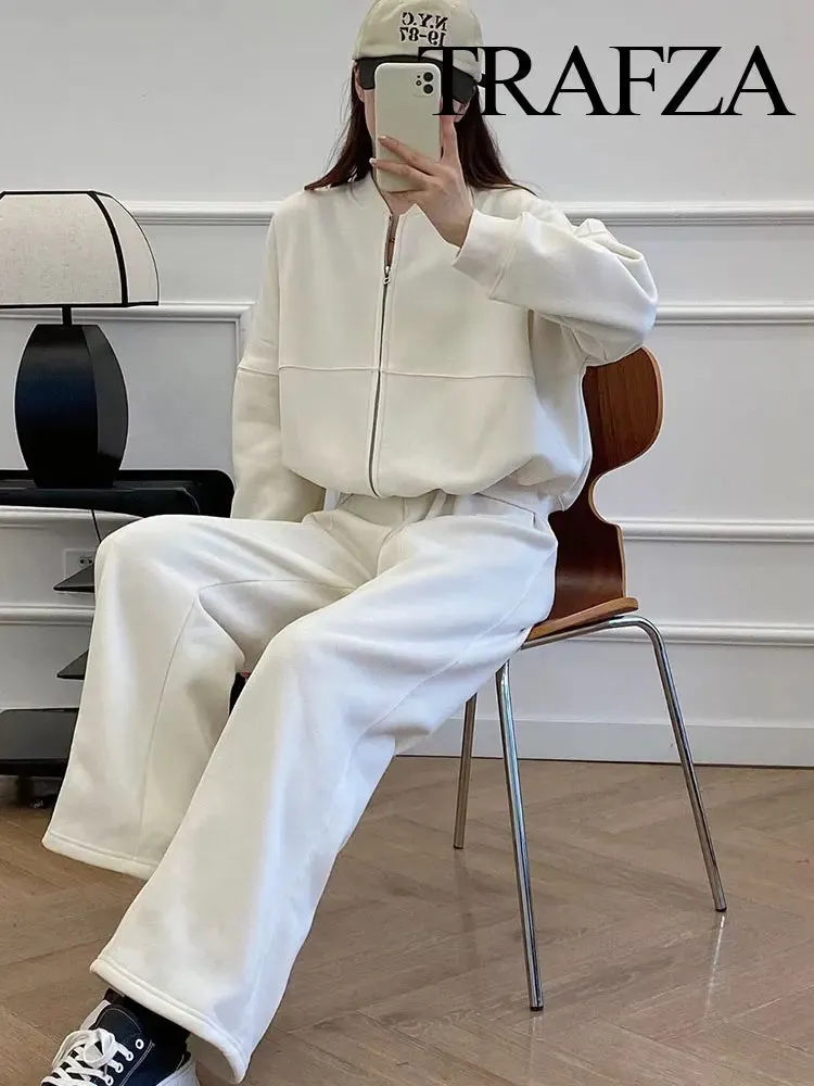 TRAFZA Women's 2-piece Retro Solid Color Zipper Bomber Jacket Sweatshirt   High-waisted Lace-up Women's Loose Velvet Pants Suit