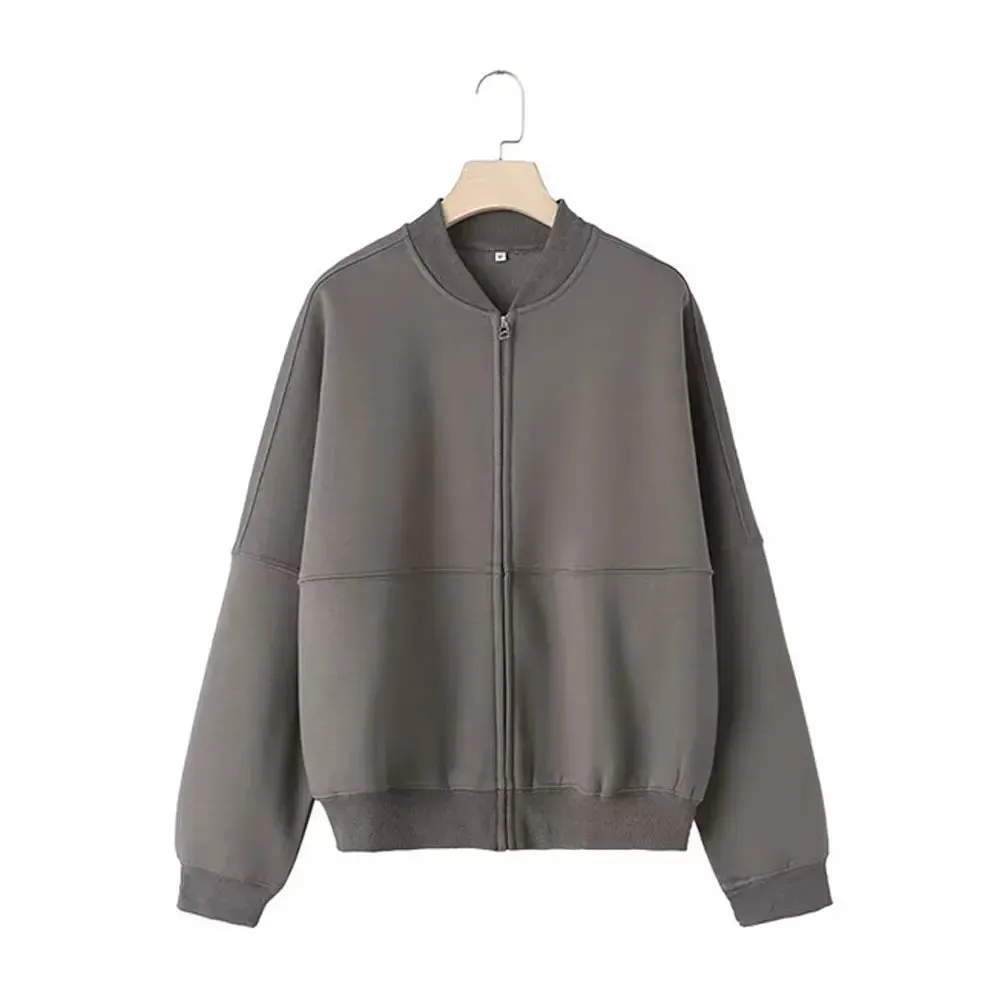 TRAFZA Women's 2-piece Retro Solid Color Zipper Bomber Jacket Sweatshirt   High-waisted Lace-up Women's Loose Velvet Pants Suit