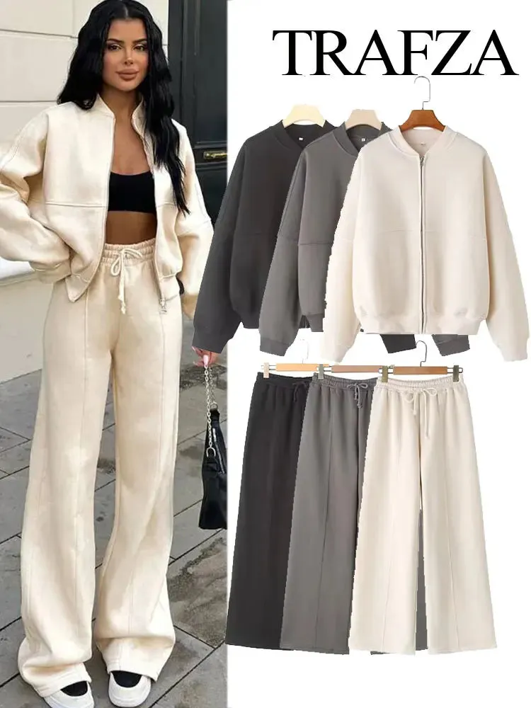TRAFZA Women's 2-piece Retro Solid Color Zipper Bomber Jacket Sweatshirt   High-waisted Lace-up Women's Loose Velvet Pants Suit