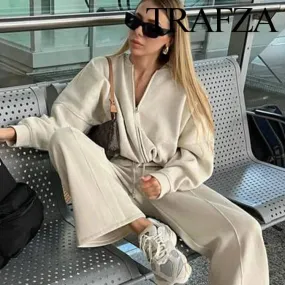 TRAFZA Women's 2-piece Retro Solid Color Zipper Bomber Jacket Sweatshirt   High-waisted Lace-up Women's Loose Velvet Pants Suit
