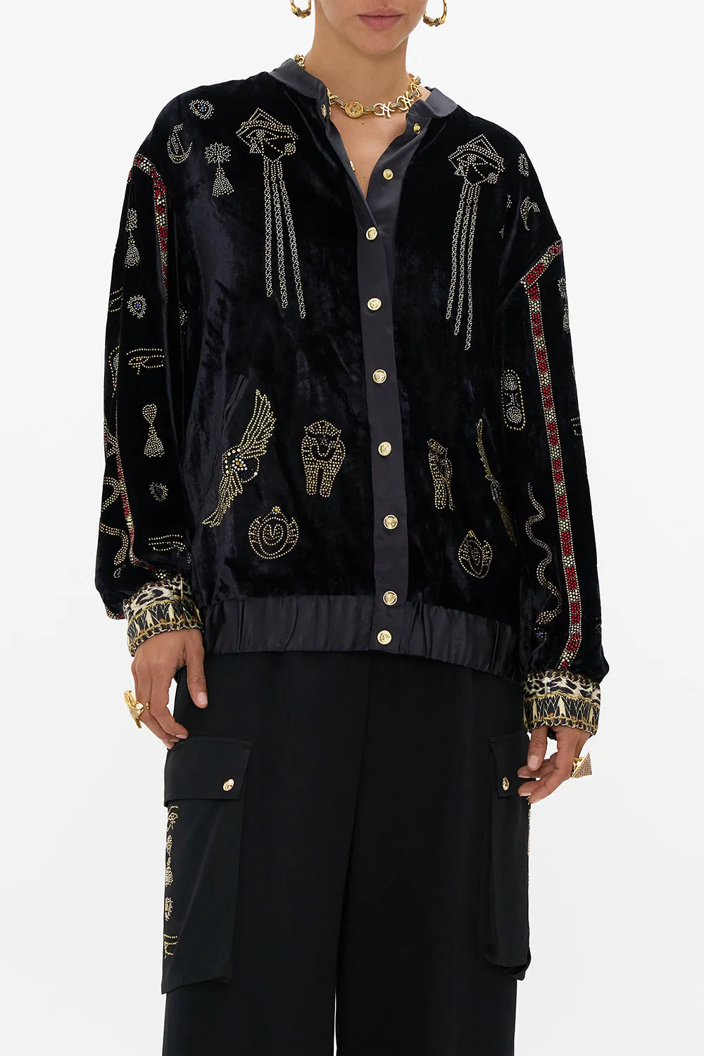 VELVET LONGLINE VARSITY JACKET CAT WORSHIP