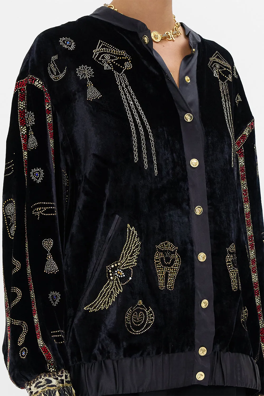 VELVET LONGLINE VARSITY JACKET CAT WORSHIP