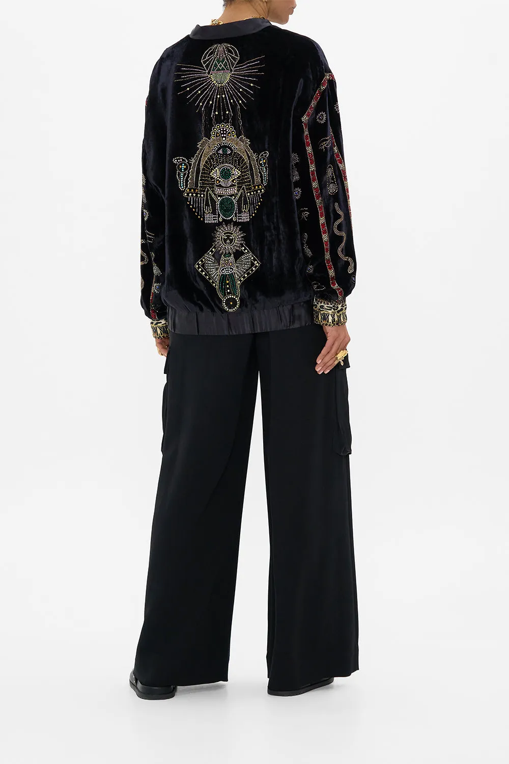 VELVET LONGLINE VARSITY JACKET CAT WORSHIP