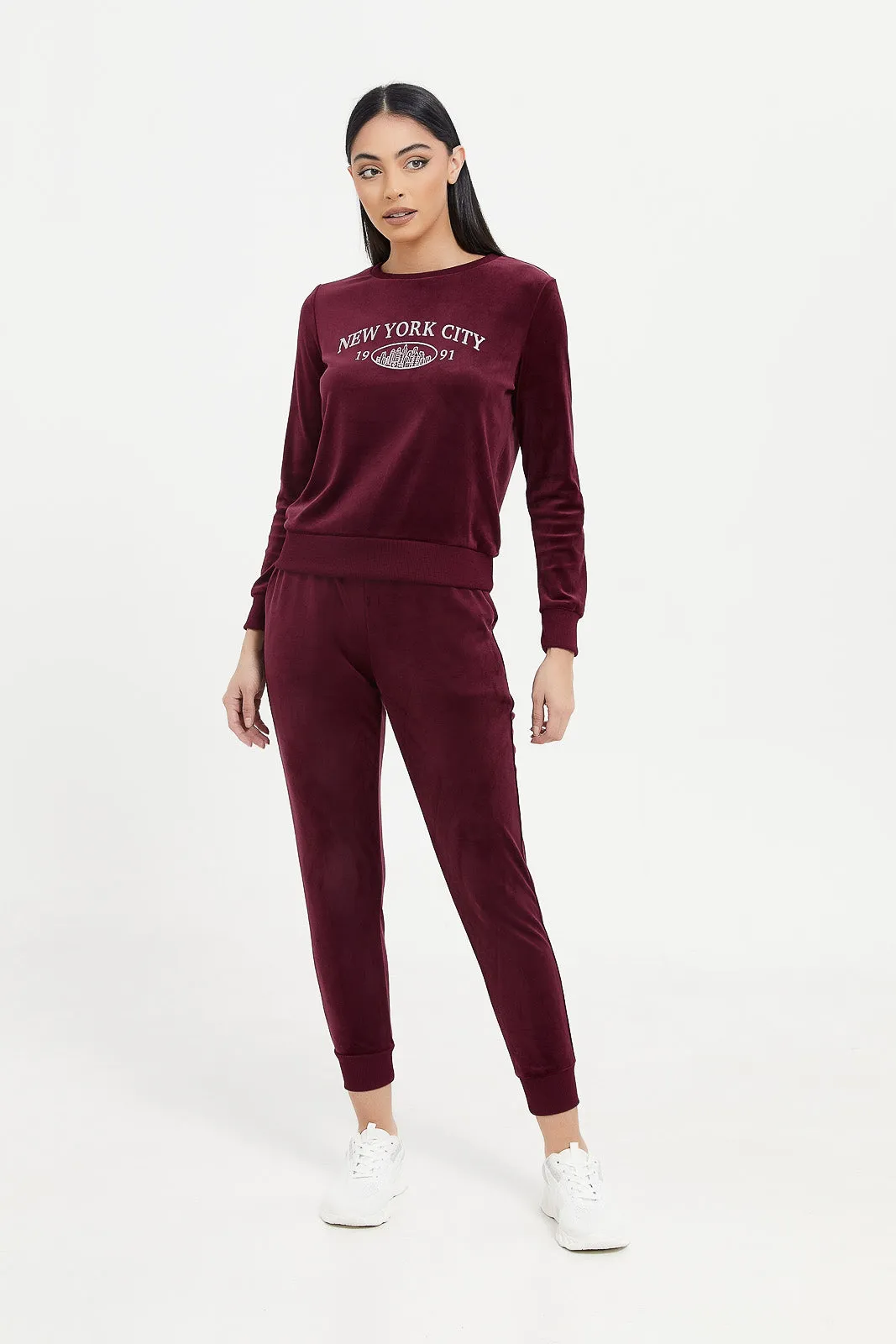 Women Burgundy Active Velour Jogger