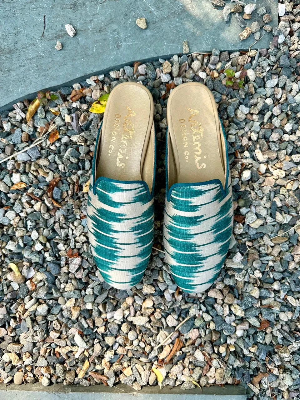 Women's Silk Ikat Slippers, Peacock Blue