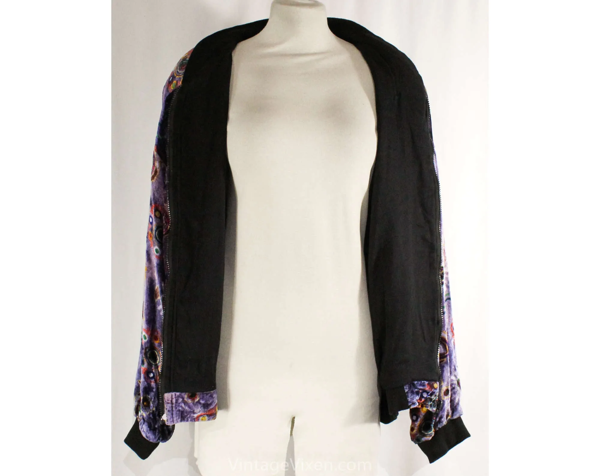 XL Purple Print Velvet Jacket - Plus Size Boho Daisy 1980s Club Wear - Made in India 70s 80s Rayon - Atomic Novelty Print - Bust 56 Inches