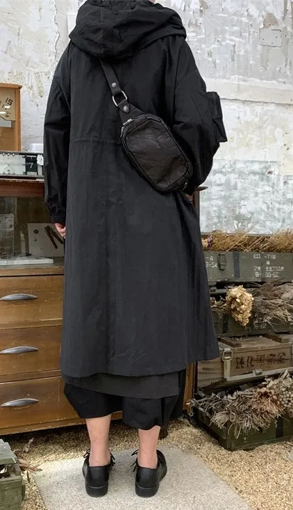 Yoji Yamamoto Dark Long Windbreaker Jacket / Over the Knee Hooed Big Pocket Loose Trench