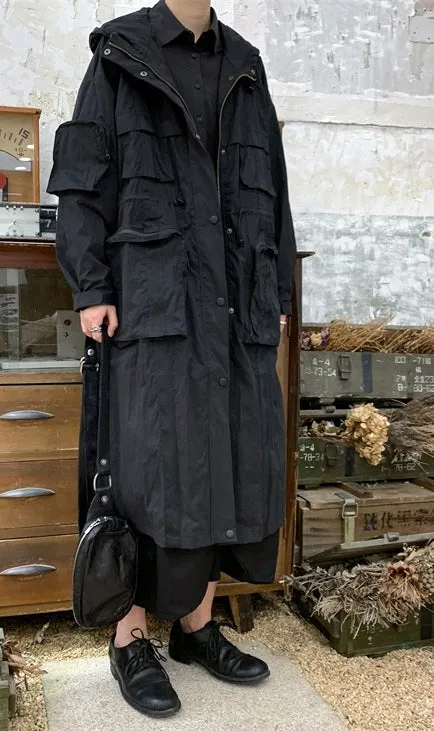 Yoji Yamamoto Dark Long Windbreaker Jacket / Over the Knee Hooed Big Pocket Loose Trench