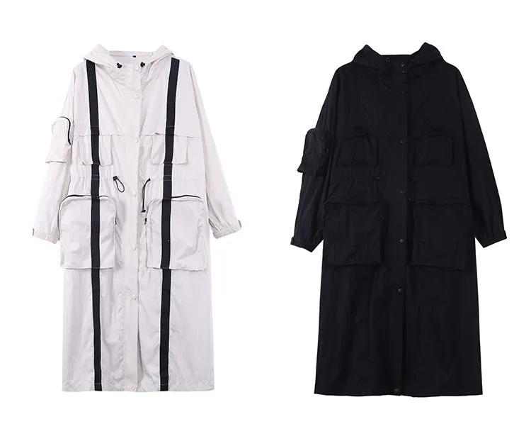 Yoji Yamamoto Dark Long Windbreaker Jacket / Over the Knee Hooed Big Pocket Loose Trench