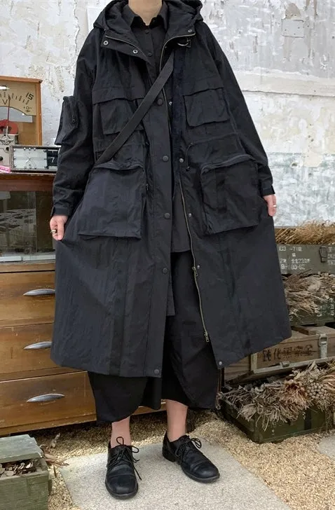 Yoji Yamamoto Dark Long Windbreaker Jacket / Over the Knee Hooed Big Pocket Loose Trench
