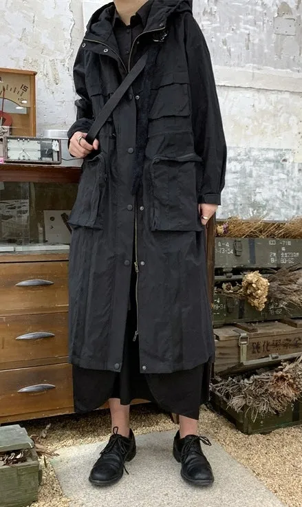 Yoji Yamamoto Dark Long Windbreaker Jacket / Over the Knee Hooed Big Pocket Loose Trench