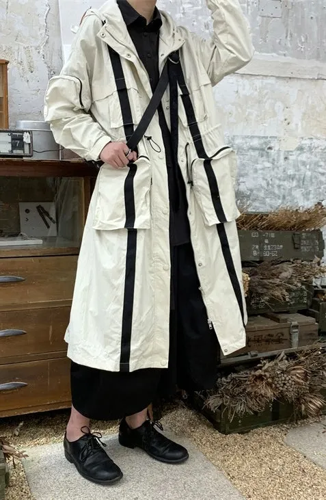 Yoji Yamamoto Dark Long Windbreaker Jacket / Over the Knee Hooed Big Pocket Loose Trench