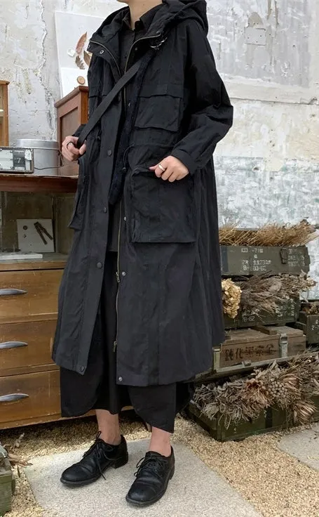 Yoji Yamamoto Dark Long Windbreaker Jacket / Over the Knee Hooed Big Pocket Loose Trench
