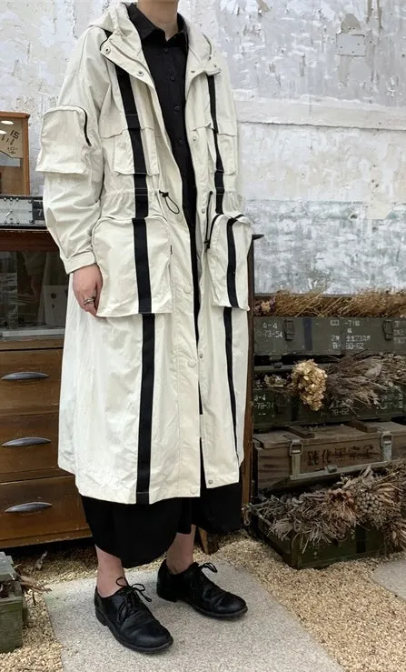 Yoji Yamamoto Dark Long Windbreaker Jacket / Over the Knee Hooed Big Pocket Loose Trench
