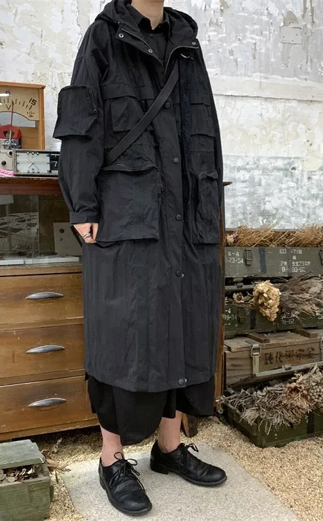Yoji Yamamoto Dark Long Windbreaker Jacket / Over the Knee Hooed Big Pocket Loose Trench